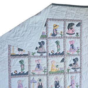 Vintage Applique Sun Bonnet Sue Holly Hobby Type Girl 64x80" Hand Stitched Quilt
